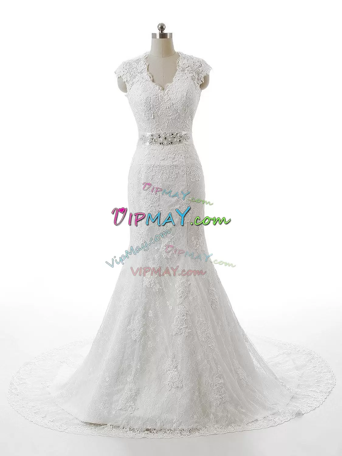 White Cap Sleeves Lace and Appliques Backless Dress Like A Star V-neck