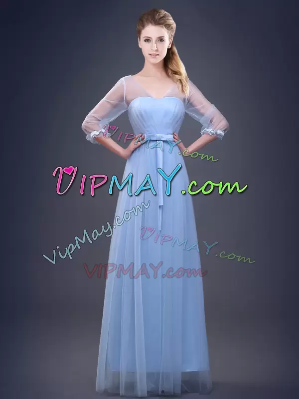 Half Sleeves Tulle Floor Length Lace Up Bridesmaid Dresses in Light Blue with Ruching and Bowknot