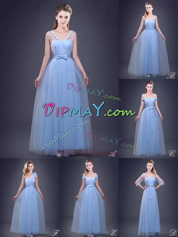 Half Sleeves Tulle Floor Length Lace Up Bridesmaid Dresses in Light Blue with Ruching and Bowknot