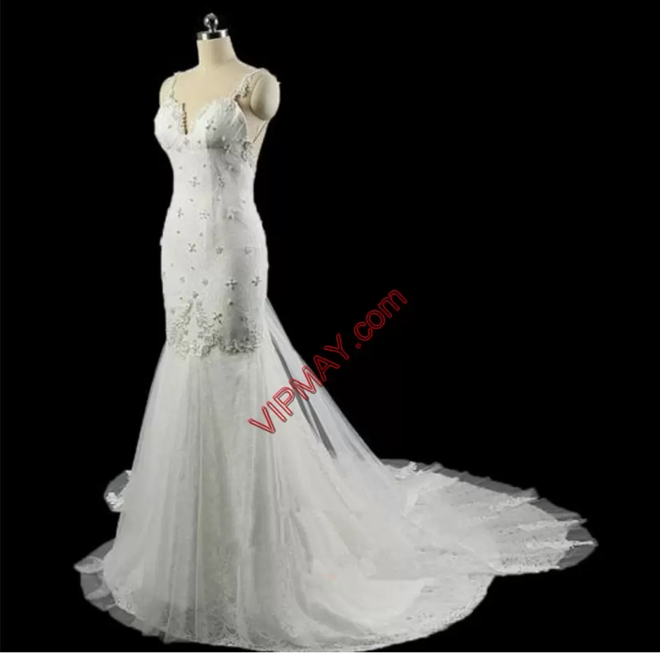 Exceptional With Train White Wedding Dresses Straps Sleeveless Court Train Backless