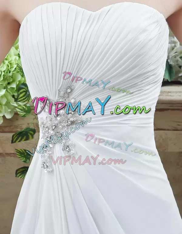 White Lace Up Wedding Dress Beading and Appliques and Ruching Sleeveless Brush Train