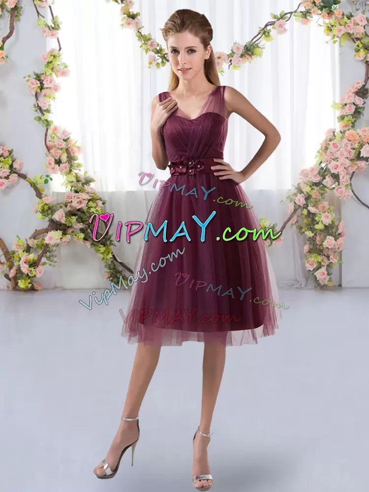 Fine Tulle Sleeveless Knee Length Bridesmaid Gown and Appliques