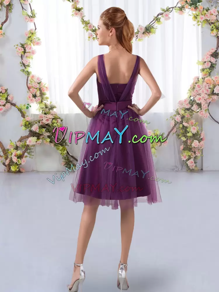 Fine Tulle Sleeveless Knee Length Bridesmaid Gown and Appliques