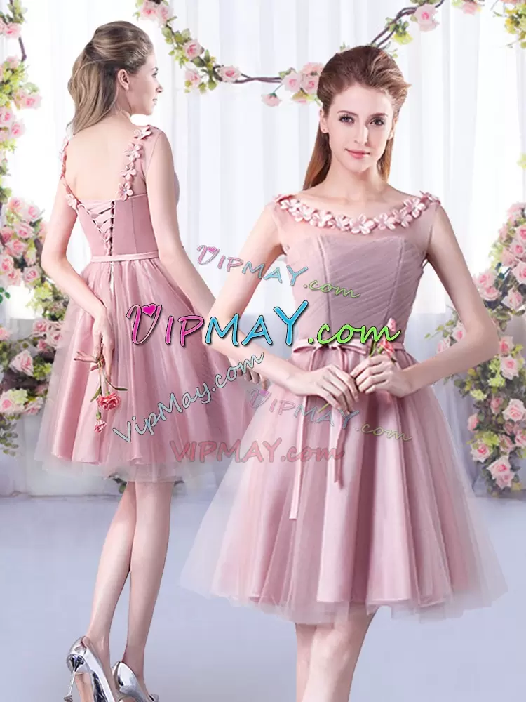 Pink Lace Up Scoop Appliques and Belt Dama Dress for Quinceanera Tulle Sleeveless