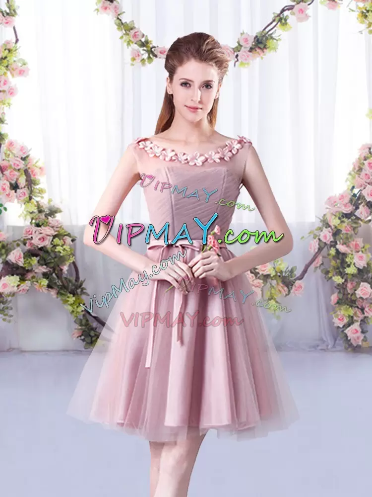 Pink Lace Up Scoop Appliques and Belt Dama Dress for Quinceanera Tulle Sleeveless