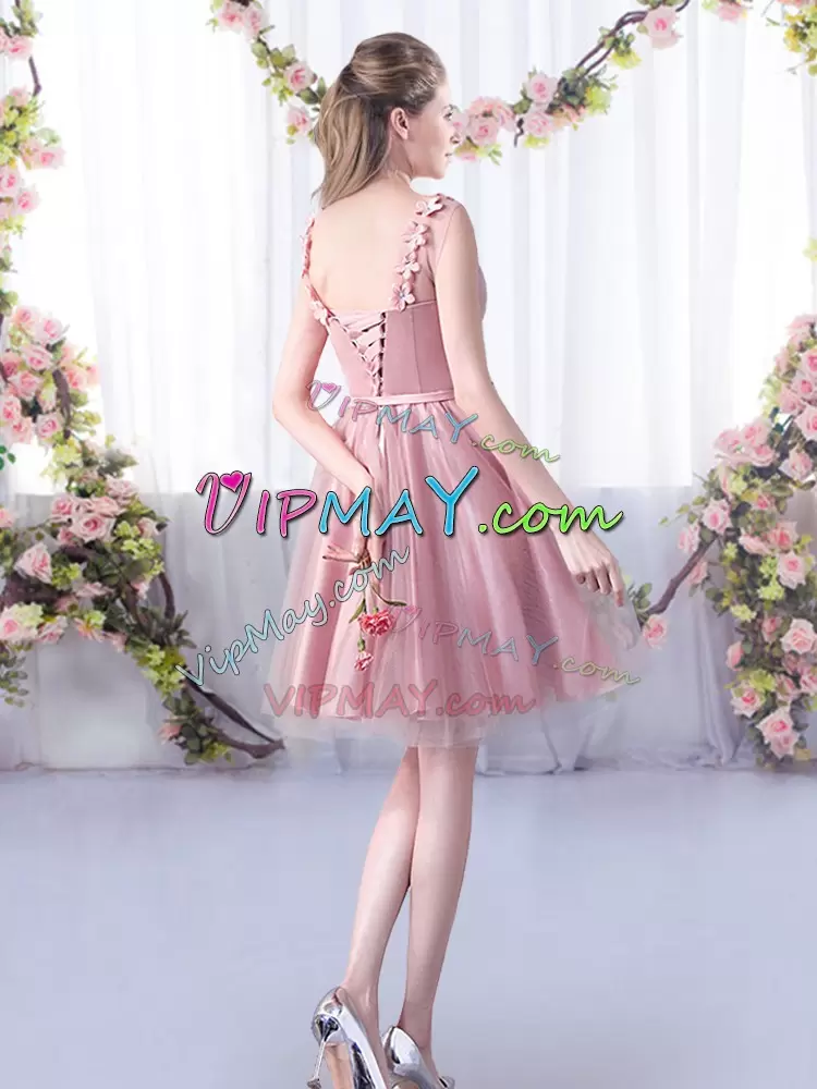 Pink Lace Up Scoop Appliques and Belt Dama Dress for Quinceanera Tulle Sleeveless