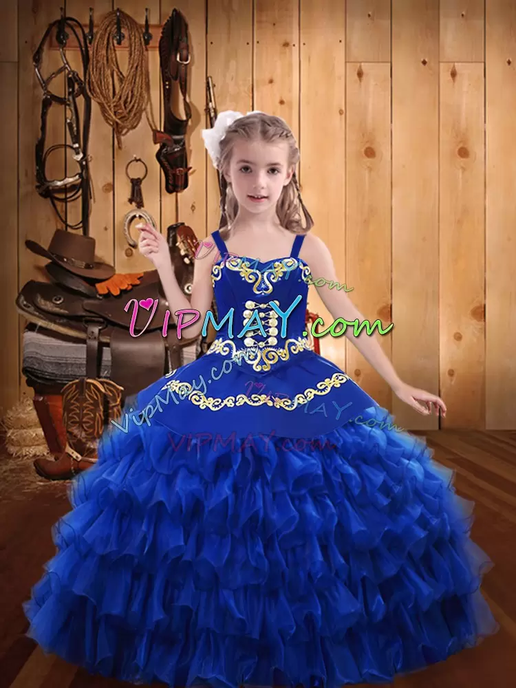 Floor Length Royal Blue Little Girls Pageant Gowns Straps Sleeveless Lace Up