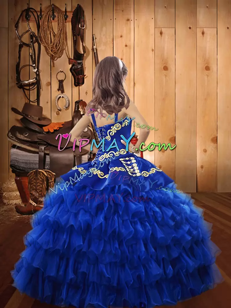 Floor Length Royal Blue Little Girls Pageant Gowns Straps Sleeveless Lace Up