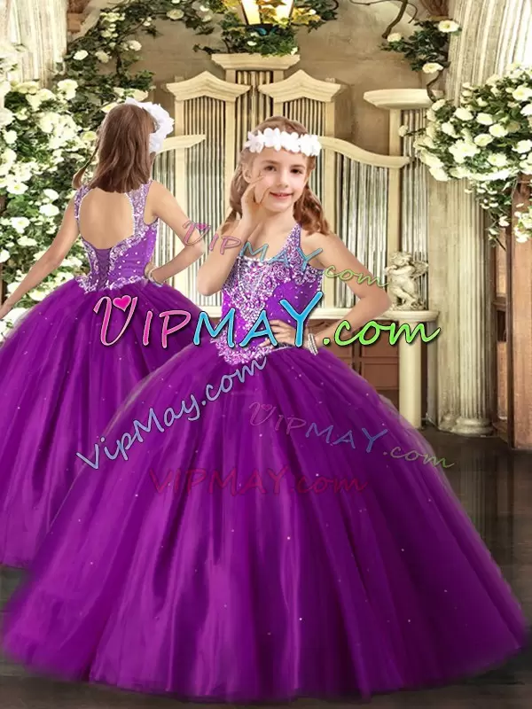 Stunning Purple Sleeveless Floor Length Beading Lace Up High School Pageant Dress V-neck