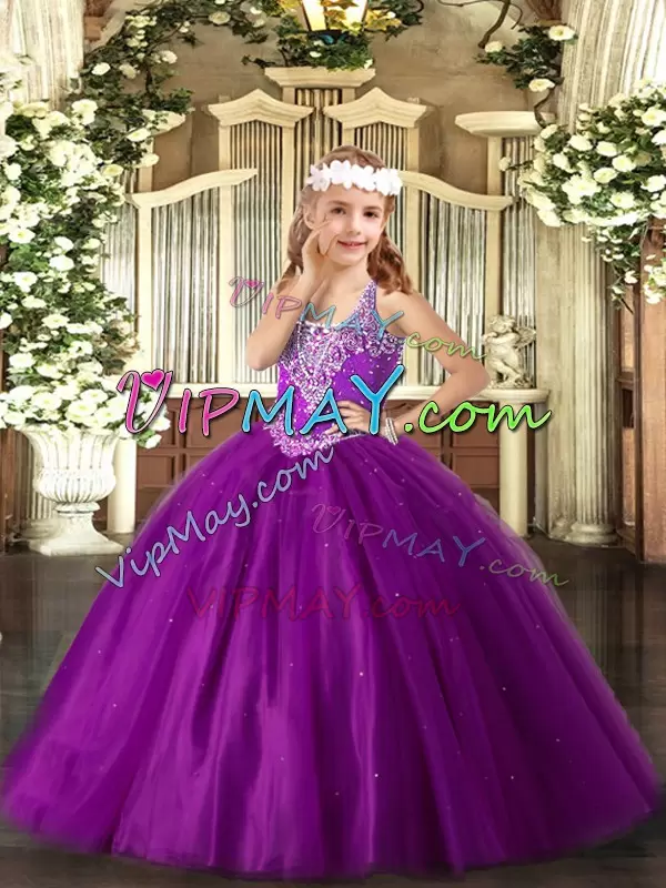 Stunning Purple Sleeveless Floor Length Beading Lace Up High School Pageant Dress V-neck