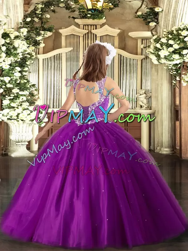 Stunning Purple Sleeveless Floor Length Beading Lace Up High School Pageant Dress V-neck