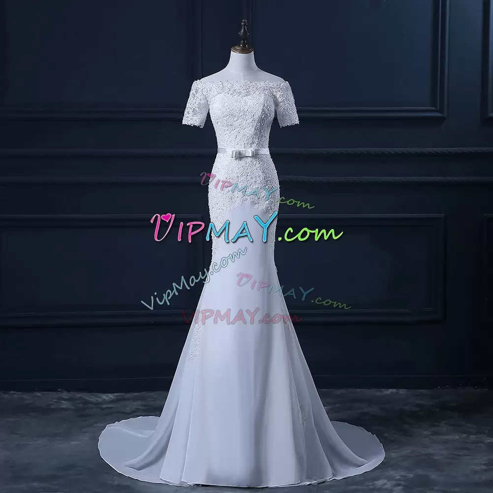 Mermaid Illusion Short Sleeves Wedding Gown Lace Up Chiffon Dress With Train