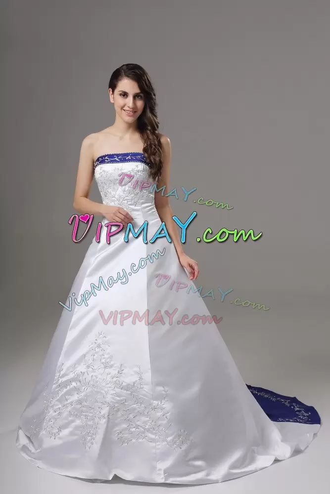 New Arrival White Satin Lace Up Wedding Gowns Sleeveless Brush Train Beading and Embroidery