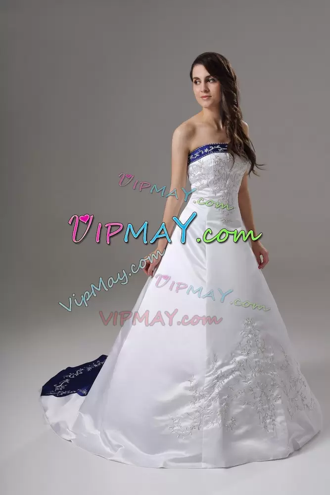 New Arrival White Satin Lace Up Wedding Gowns Sleeveless Brush Train Beading and Embroidery