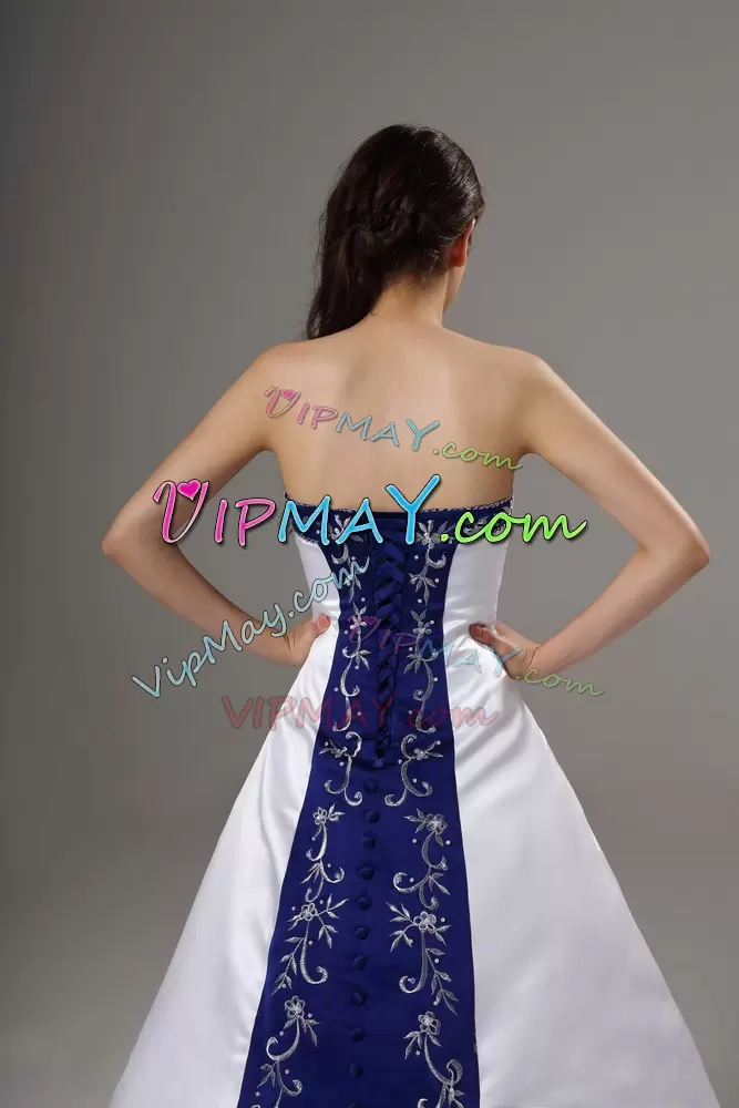 New Arrival White Satin Lace Up Wedding Gowns Sleeveless Brush Train Beading and Embroidery