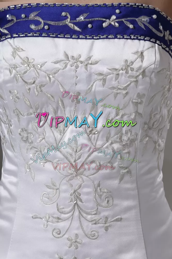 New Arrival White Satin Lace Up Wedding Gowns Sleeveless Brush Train Beading and Embroidery