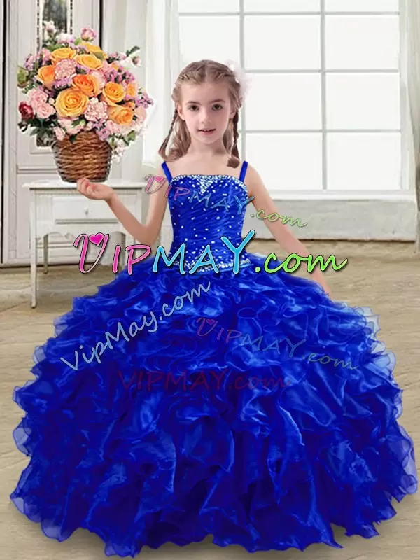 Trendy Royal Blue Straps Lace Up Beading and Ruffles Pageant Dress Wholesale Sleeveless