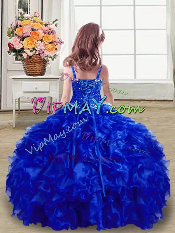 Trendy Royal Blue Straps Lace Up Beading and Ruffles Pageant Dress Wholesale Sleeveless