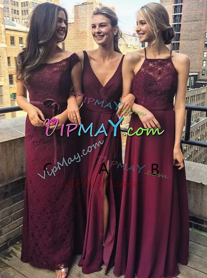 Cute Burgundy Bridesmaid Gown Party and Wedding Party with Lace Straps Sleeveless Zipper