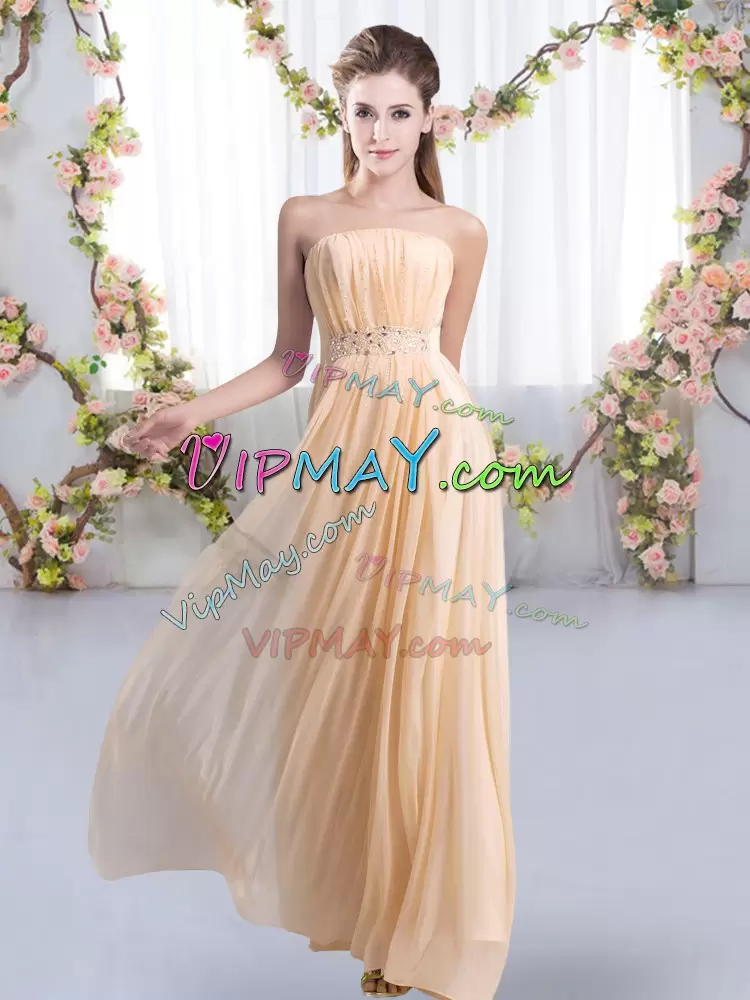 Pretty Peach Chiffon Lace Up Bridesmaid Dresses Sleeveless Sweep Train Beading