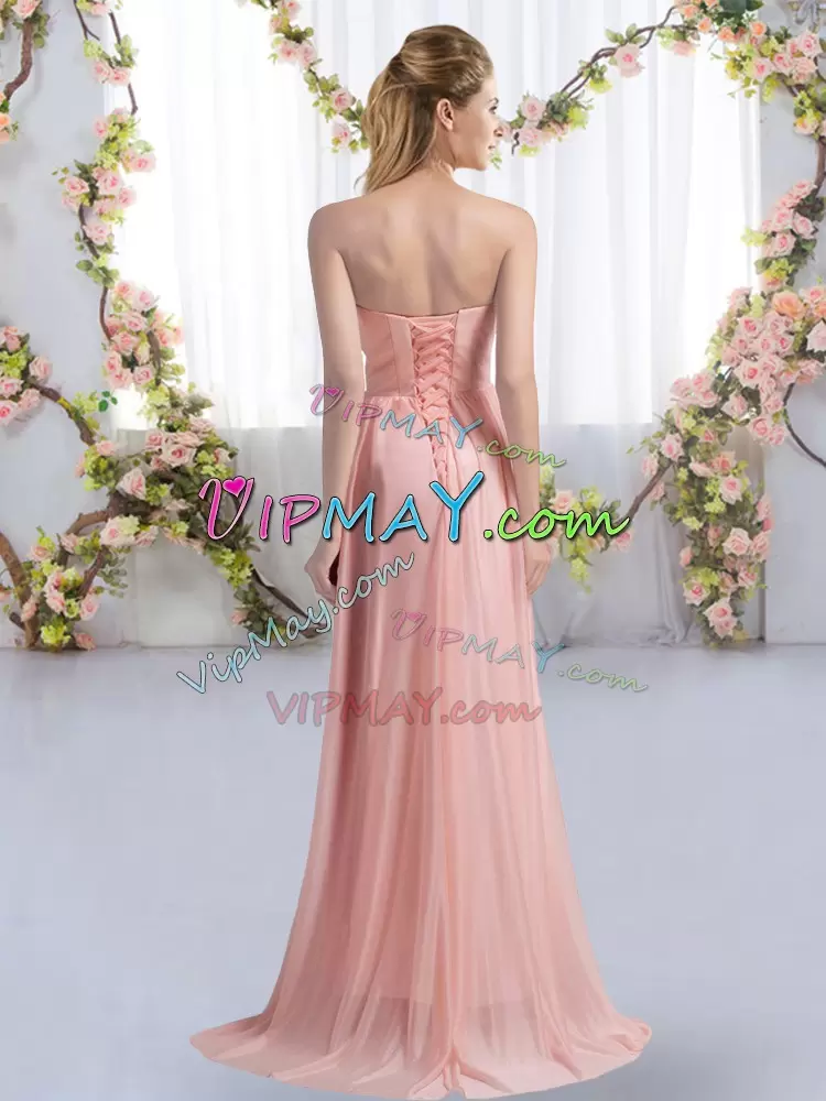 Pretty Peach Chiffon Lace Up Bridesmaid Dresses Sleeveless Sweep Train Beading