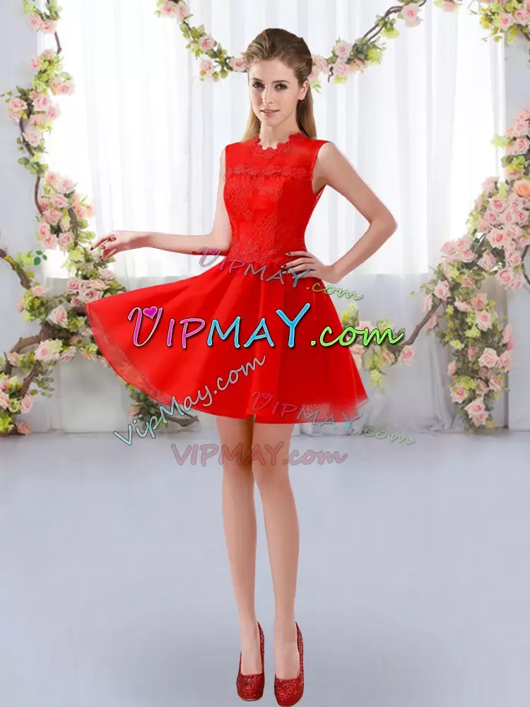 Superior Red Zipper Damas Dress Lace Sleeveless Mini Length