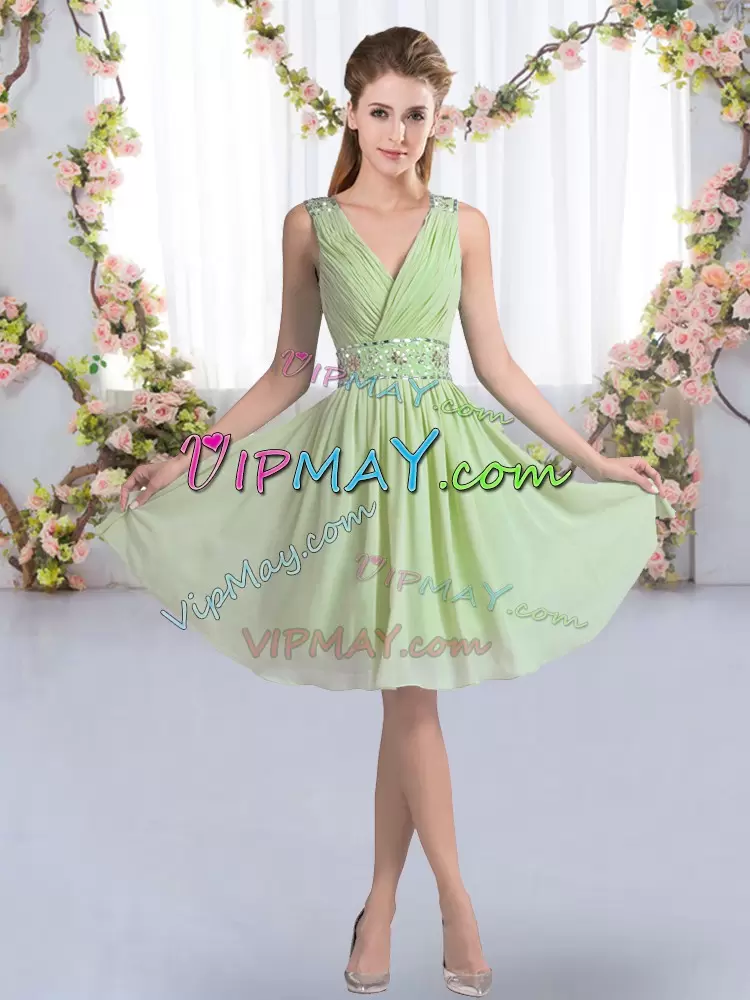 Shining Knee Length Yellow Green Wedding Guest Dresses V-neck Sleeveless Zipper