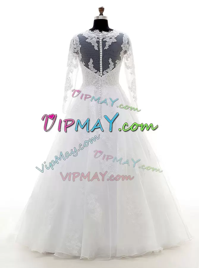 Sophisticated White V-neck Clasp Handle Beading and Lace and Appliques Wedding Dresses Long Sleeves