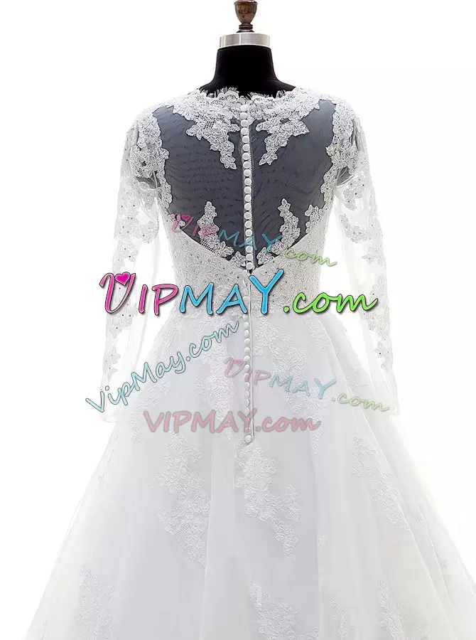 Sophisticated White V-neck Clasp Handle Beading and Lace and Appliques Wedding Dresses Long Sleeves