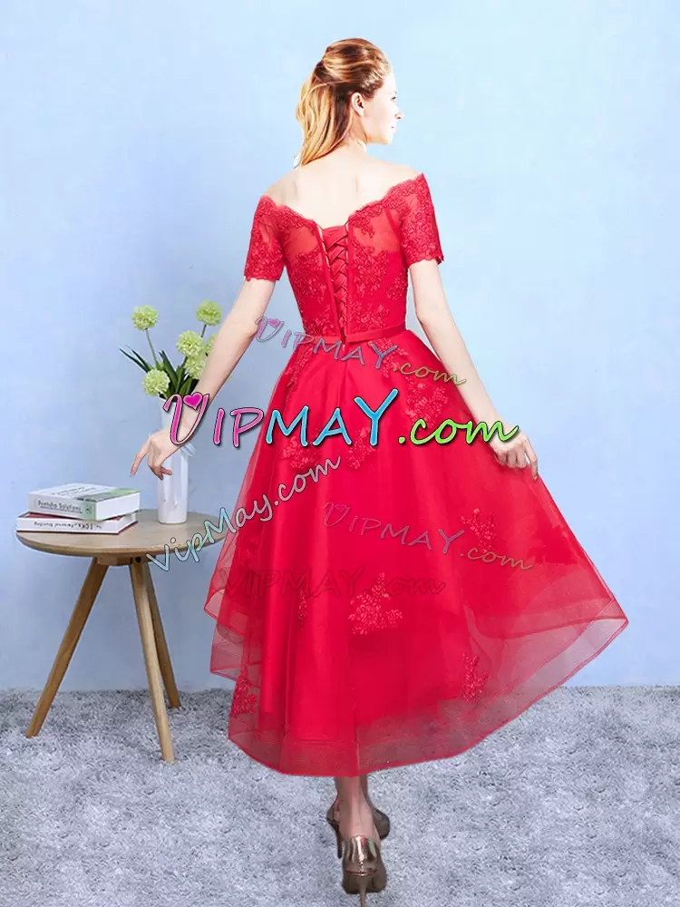 Wine Red A-line Off The Shoulder Half Sleeves Organza High Low Lace Up Appliques Wedding Party Dress