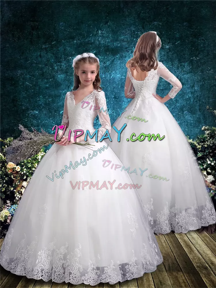 White Ball Gowns V-neck 3 4 Length Sleeve Tulle Floor Length Lace Up Lace Toddler Flower Girl Dress