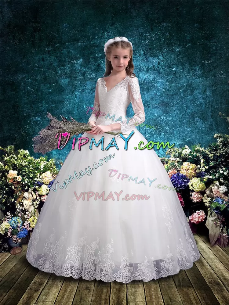 White Ball Gowns V-neck 3 4 Length Sleeve Tulle Floor Length Lace Up Lace Toddler Flower Girl Dress