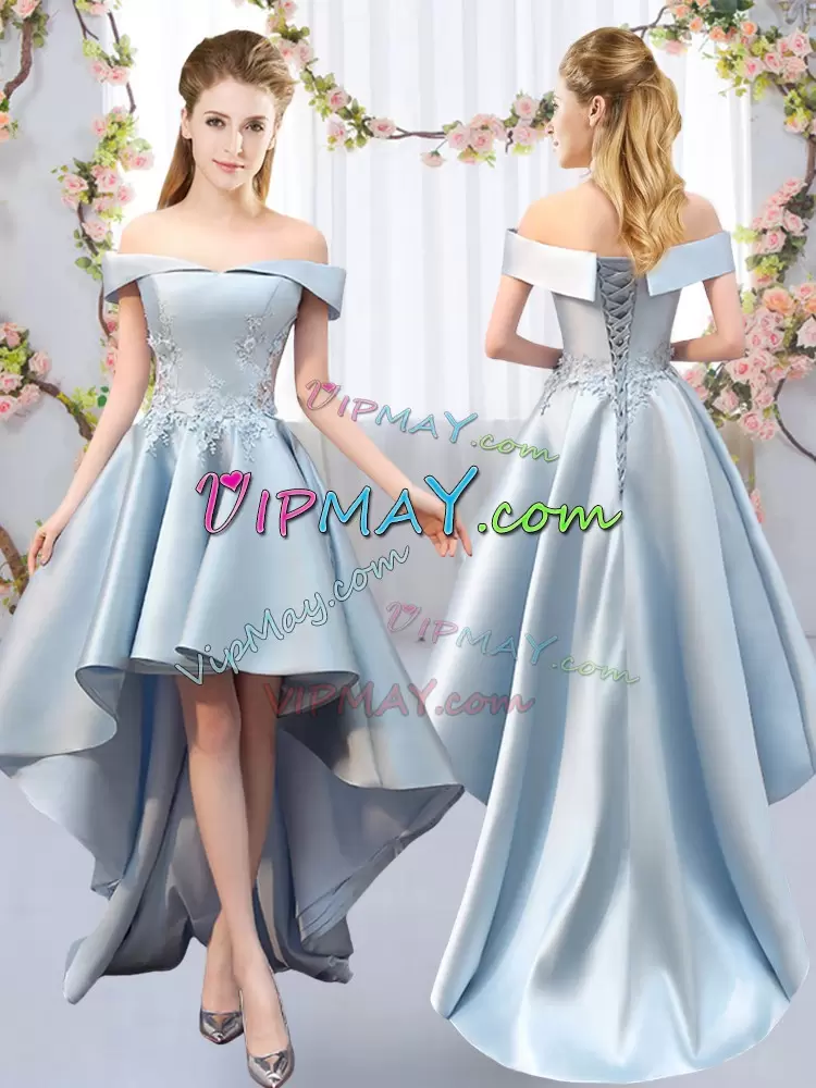 Comfortable Appliques Bridesmaid Dresses Light Blue Lace Up Sleeveless High Low