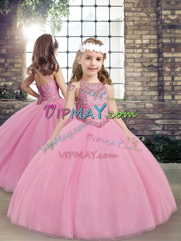 Taffeta Sleeveless Floor Length Little Girls Pageant Dress and Beading