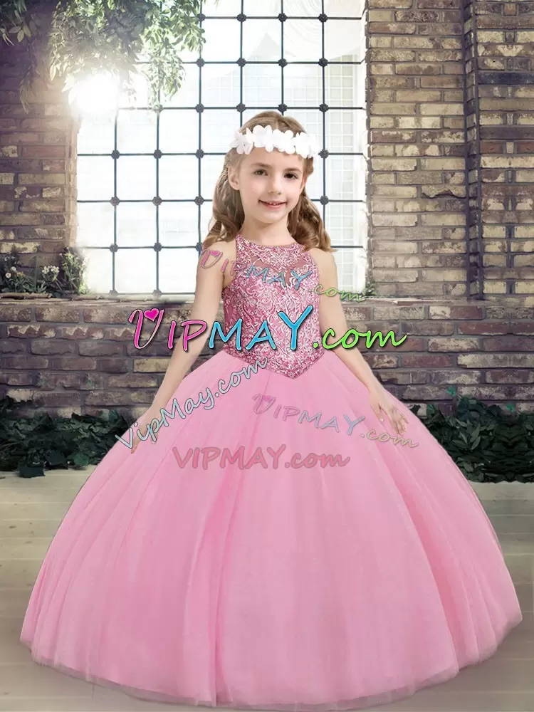 Taffeta Sleeveless Floor Length Little Girls Pageant Dress and Beading