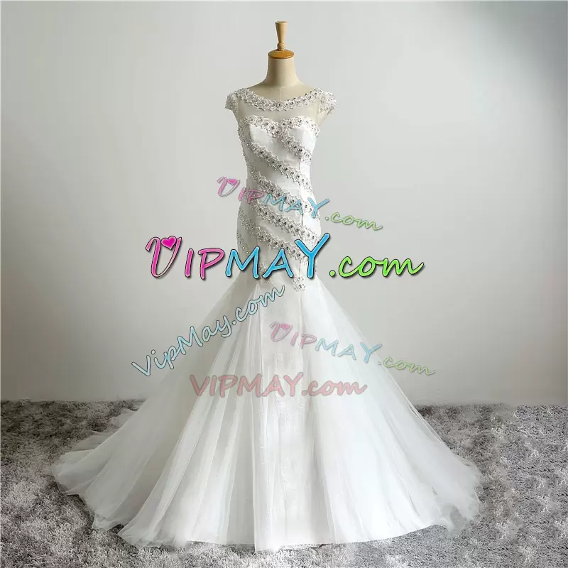 Sexy Cap Sleeves Floor Length Beading and Appliques Lace Up Wedding Dress with White Sweep Train