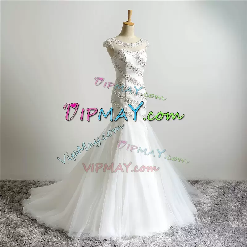 Sexy Cap Sleeves Floor Length Beading and Appliques Lace Up Wedding Dress with White Sweep Train