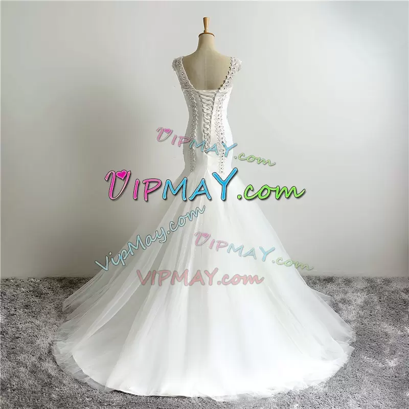 Sexy Cap Sleeves Floor Length Beading and Appliques Lace Up Wedding Dress with White Sweep Train