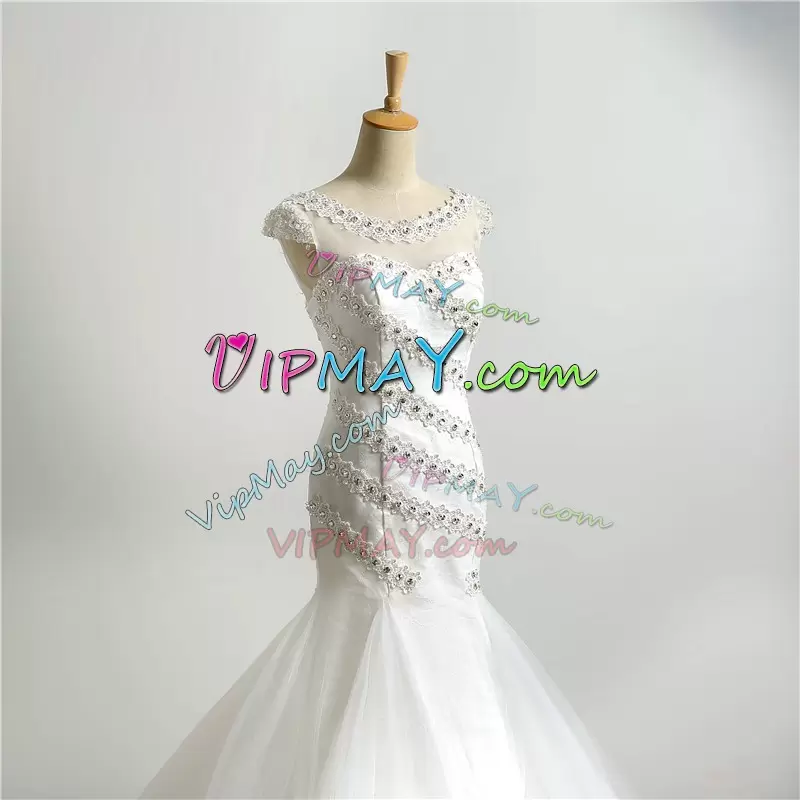 Sexy Cap Sleeves Floor Length Beading and Appliques Lace Up Wedding Dress with White Sweep Train