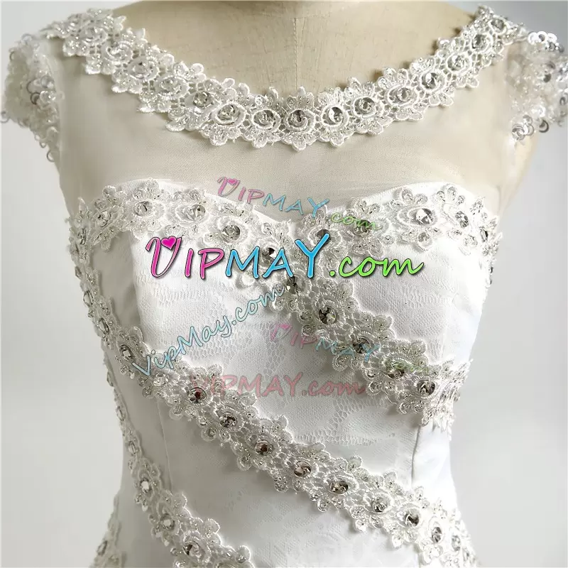 Sexy Cap Sleeves Floor Length Beading and Appliques Lace Up Wedding Dress with White Sweep Train