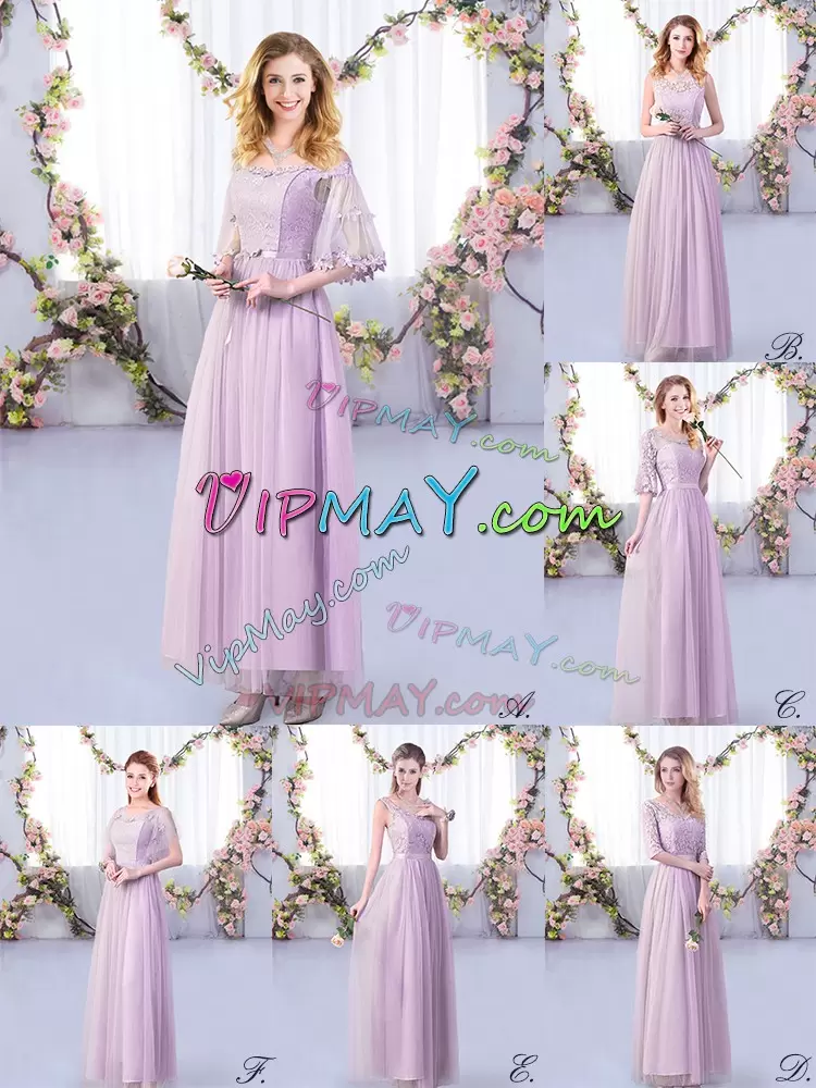 Fantastic Off The Shoulder Half Sleeves Side Zipper Wedding Guest Dresses Lavender Tulle Lace and Belt