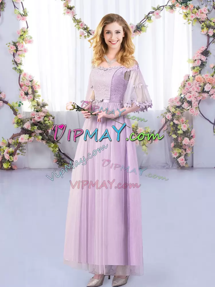 Fantastic Off The Shoulder Half Sleeves Side Zipper Wedding Guest Dresses Lavender Tulle Lace and Belt