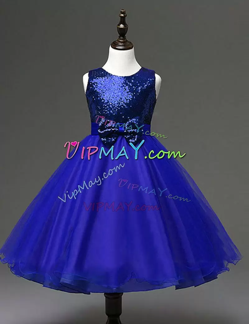 Cute Sleeveless Scoop Zipper Ankle Length Sequins and Bowknot Flower Girl Dresses for Less Scoop