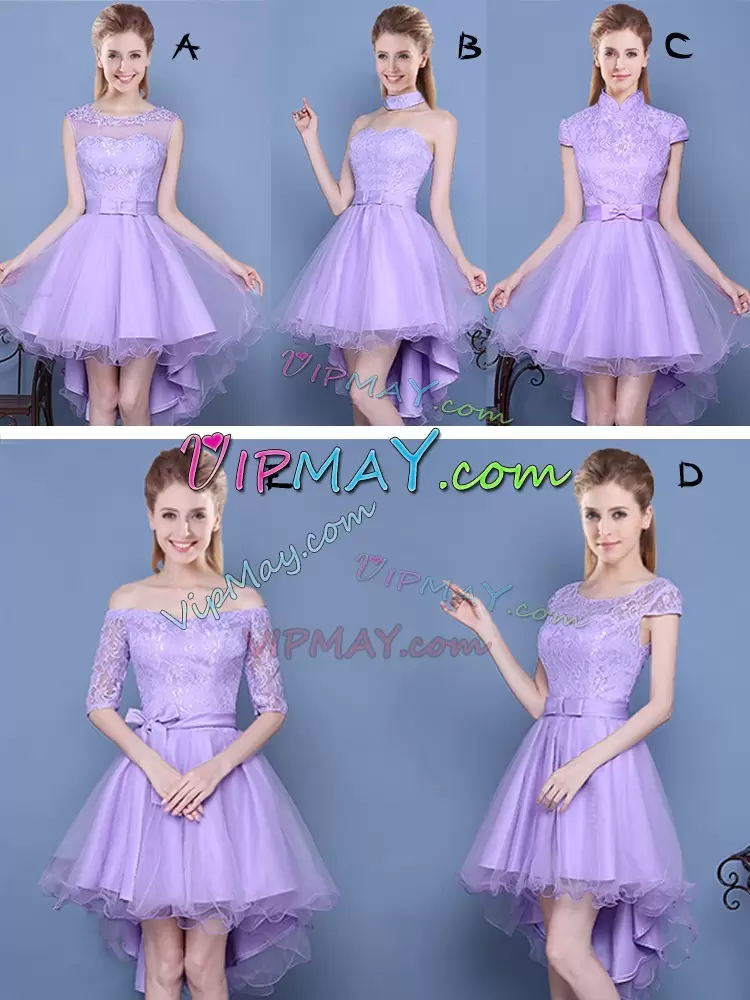 High Low Lavender Quinceanera Dama Dress Taffeta and Tulle Sleeveless Lace and Bowknot