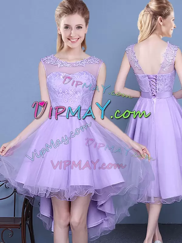 High Low Lavender Quinceanera Dama Dress Taffeta and Tulle Sleeveless Lace and Bowknot