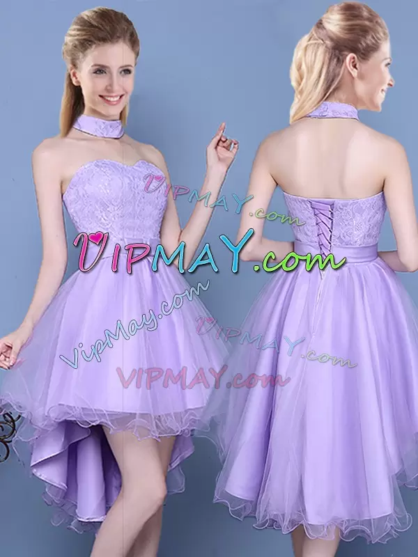 High Low Lavender Quinceanera Dama Dress Taffeta and Tulle Sleeveless Lace and Bowknot