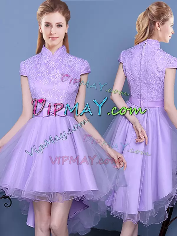 High Low Lavender Quinceanera Dama Dress Taffeta and Tulle Sleeveless Lace and Bowknot