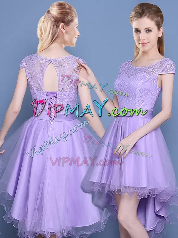 High Low Lavender Quinceanera Dama Dress Taffeta and Tulle Sleeveless Lace and Bowknot