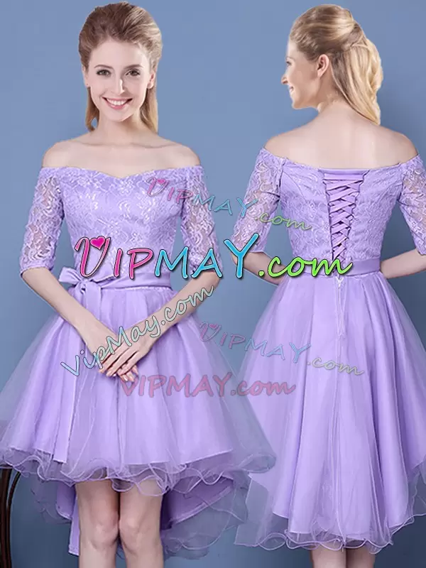 High Low Lavender Quinceanera Dama Dress Taffeta and Tulle Sleeveless Lace and Bowknot