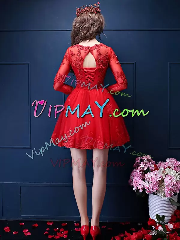 Extravagant 3 4 Length Sleeve Scalloped Lace Up Mini Length Beading and Lace and Appliques Wedding Guest Dresses Scalloped